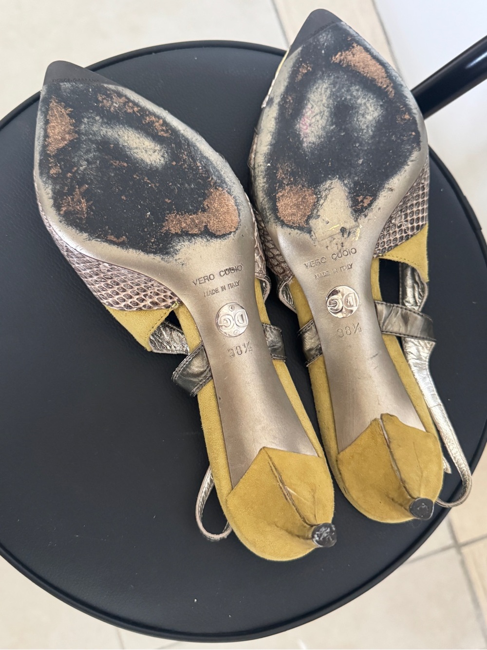 Dolce & Gabbana Yellow Suede and Metallic Pointed Slingback Heels